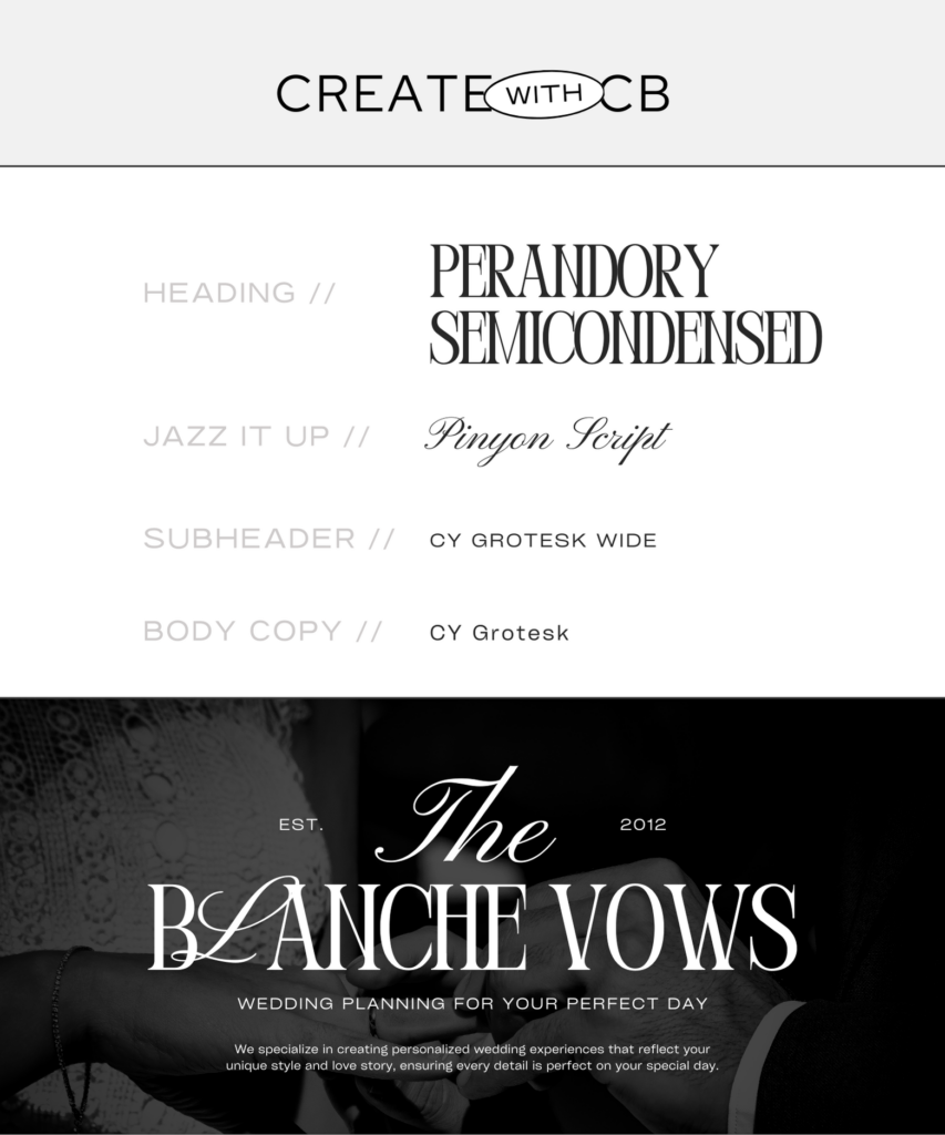 Title in Pinyon Script with flowing cursive elegance and subheaders in Cy Grotesk Wide with a sleek, modern design.