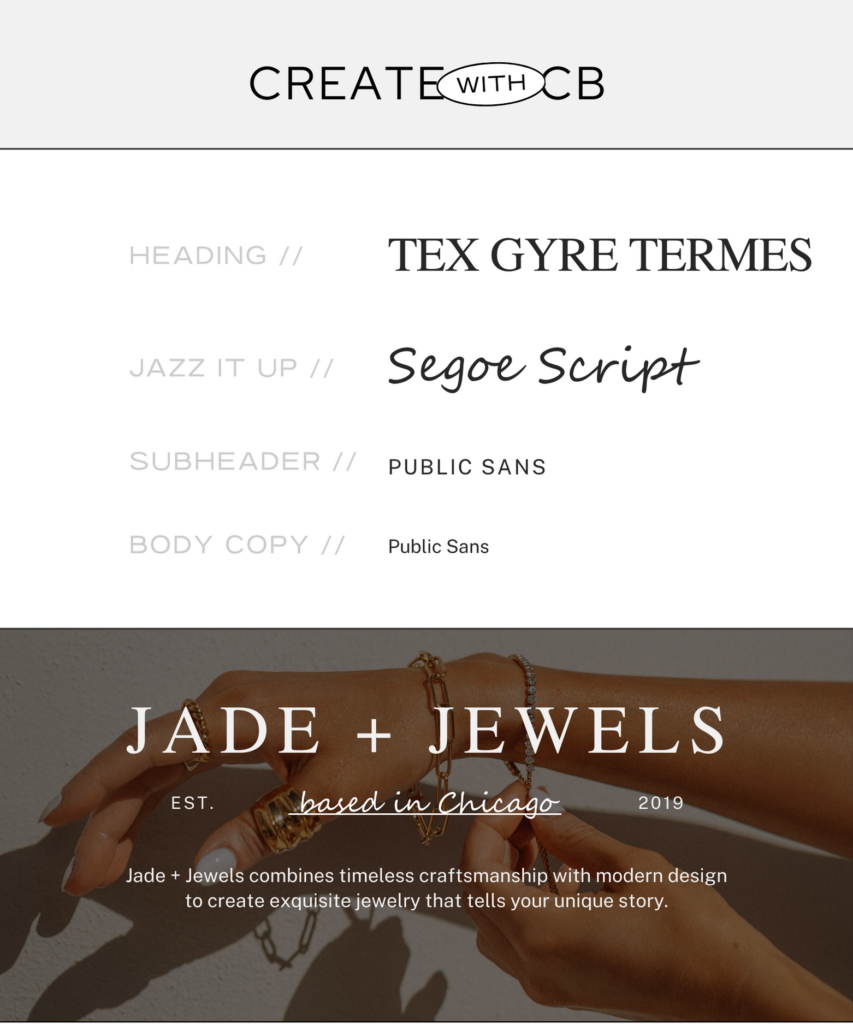 Headers in Tex Gyre Termes with refined serif elegance, script elements in Segoe Script with smooth, flowing style, and body text in Public Sans with modern clarity.