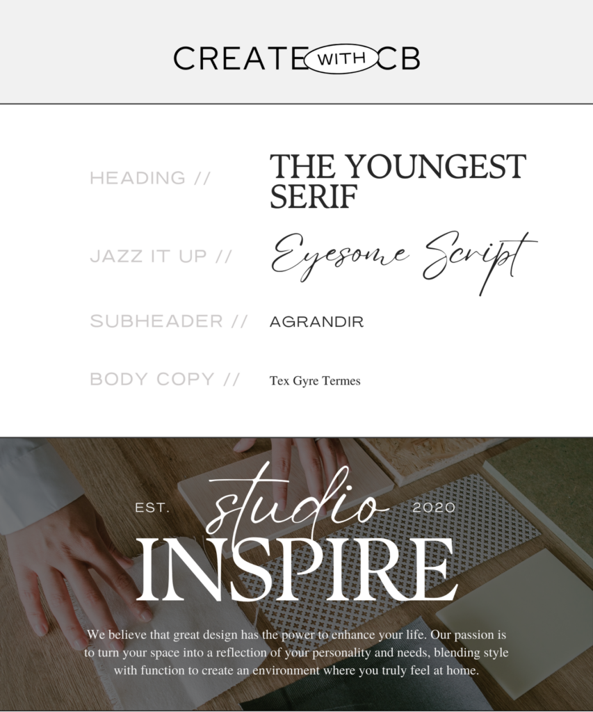 Headers in The Youngest Serif with contemporary flair, script elements in Eyesome Script with graceful, handwritten charm, subheaders in Agrandir with a clean look, and body text in Tex Gyre Termes with timeless serif quality.